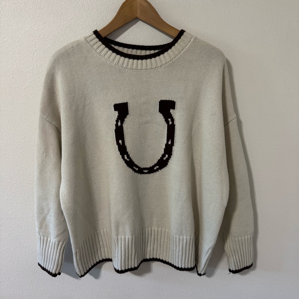 Soho & Stella Horseshoe Crewneck Sweater Ivory Brown Slouchy Boxy Equestrian-M